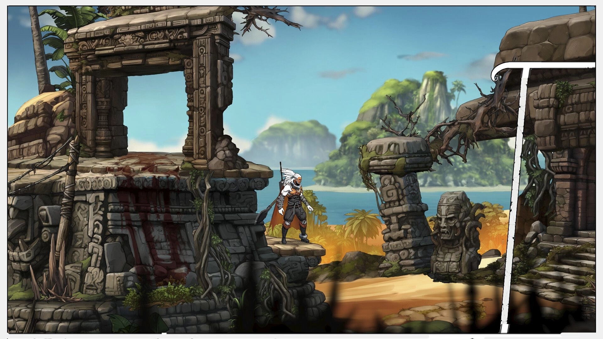 Comix Zero: Character explores ancient ruins with ocean view amidst lush jungle setting
