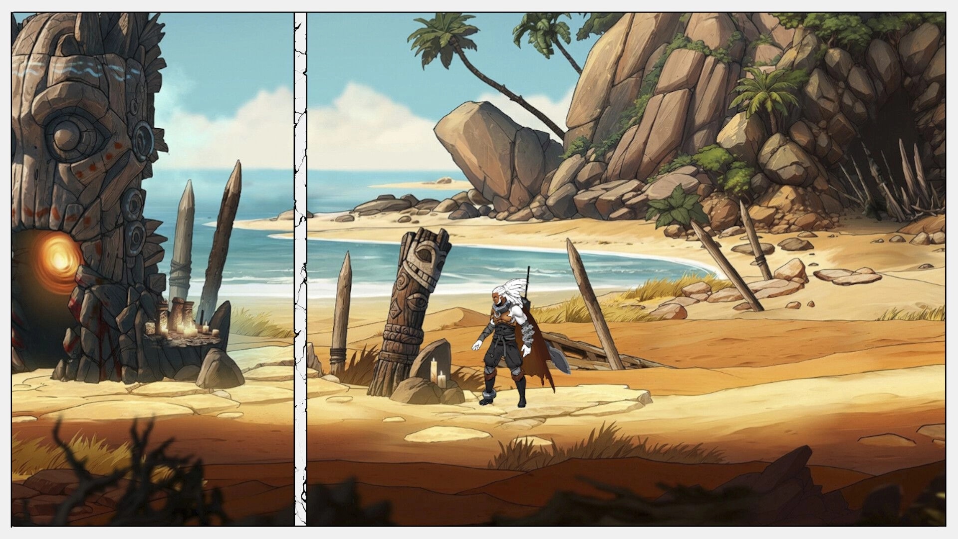 Comix Zero: Character explores a tropical beach with totem poles and a cave entrance nearby