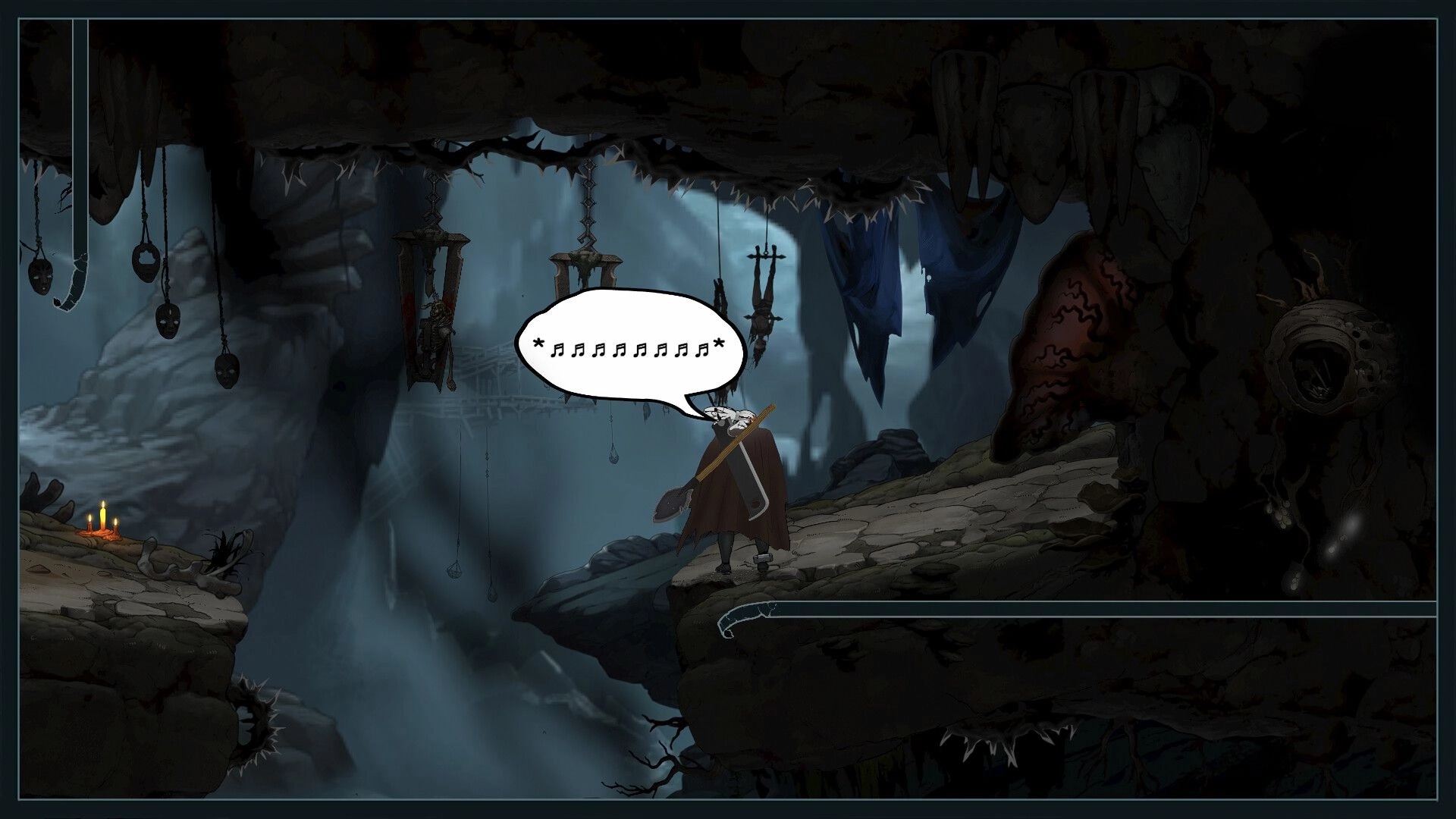 Comix Zero: Character with guitar in a dark cave, surrounded by hanging figures and eerie decorations