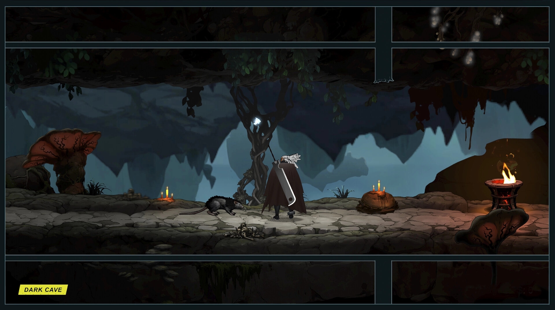 Comix Zero: Character exploring dark cave with candles, large mushrooms, and glowing tree in background