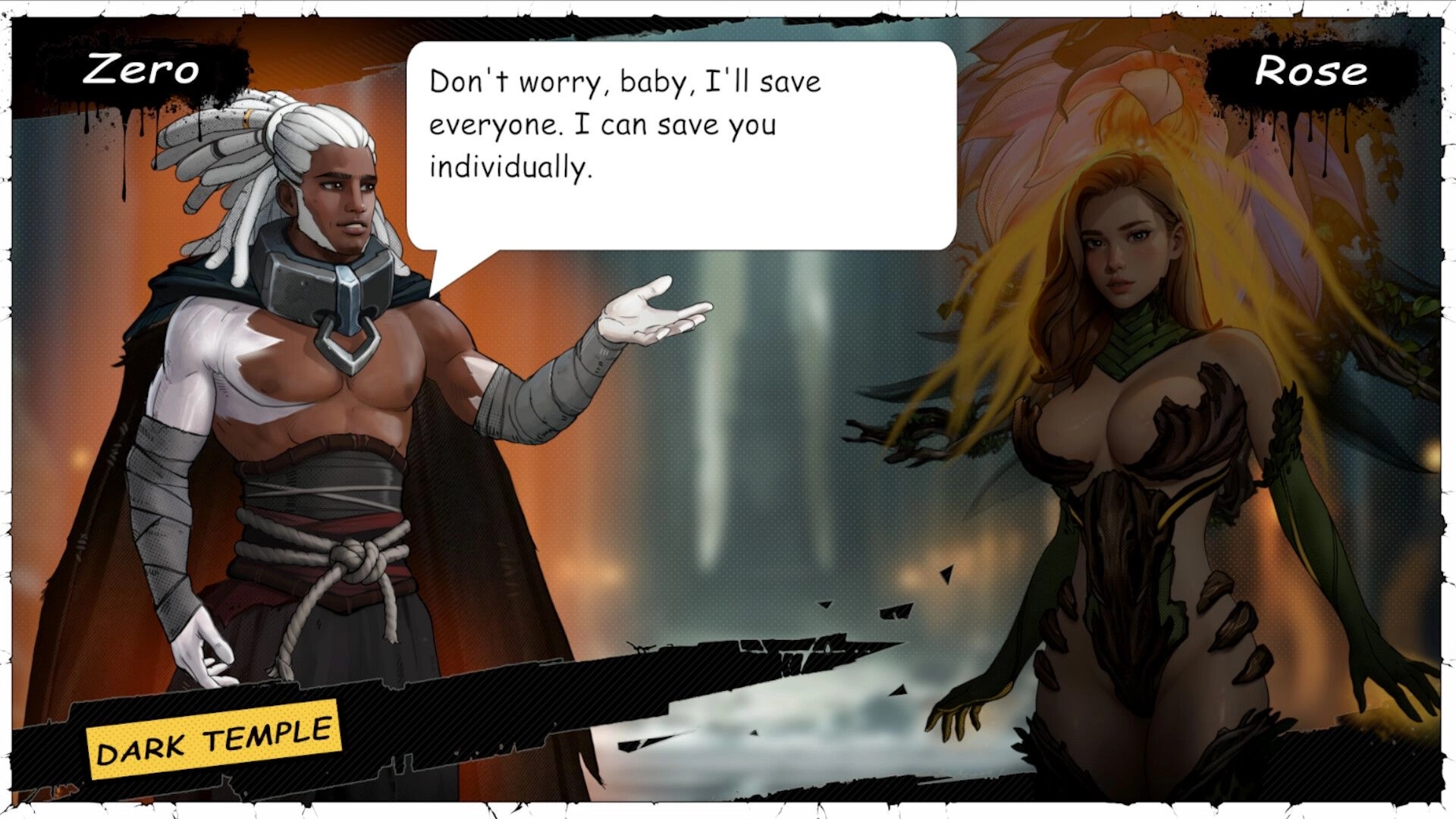 Comix Zero: Zero and Rose in dialogue at Dark Temple with comic-style speech bubble visible