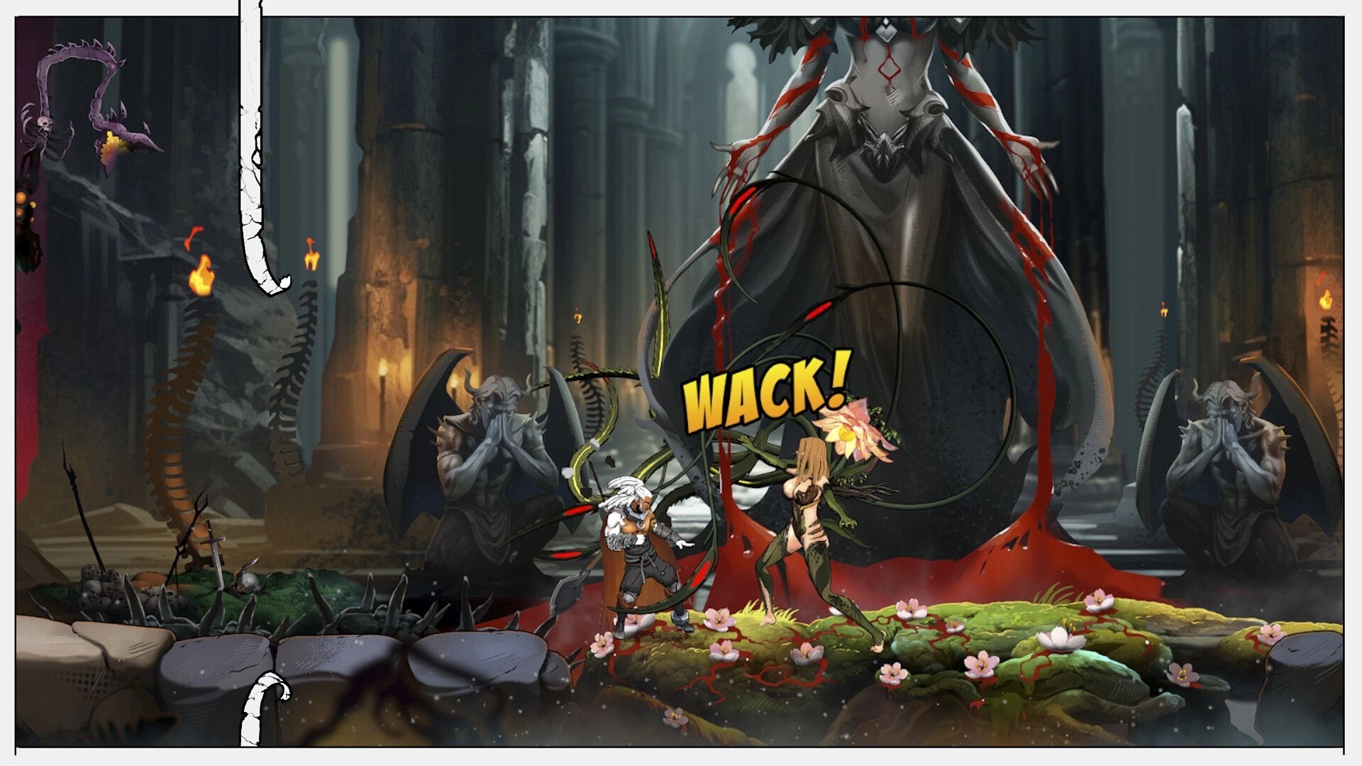 Comix Zero: Hero battles plant creature in dark cathedral with statues and glowing torches