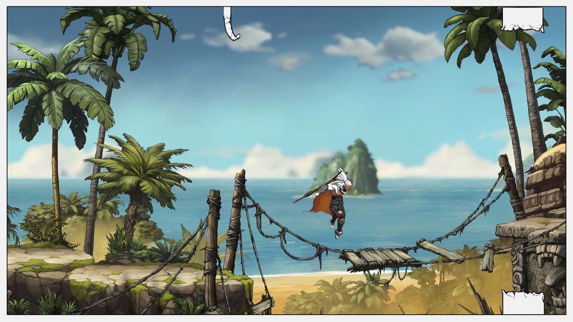 Comix Zero: Character leaping across broken bridge over tropical beach with palm trees and distant island