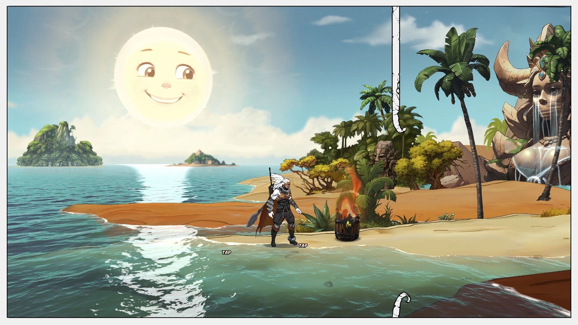 Comix Zero: Character on beach near fire pit with smiling sun and statue waterfall in background