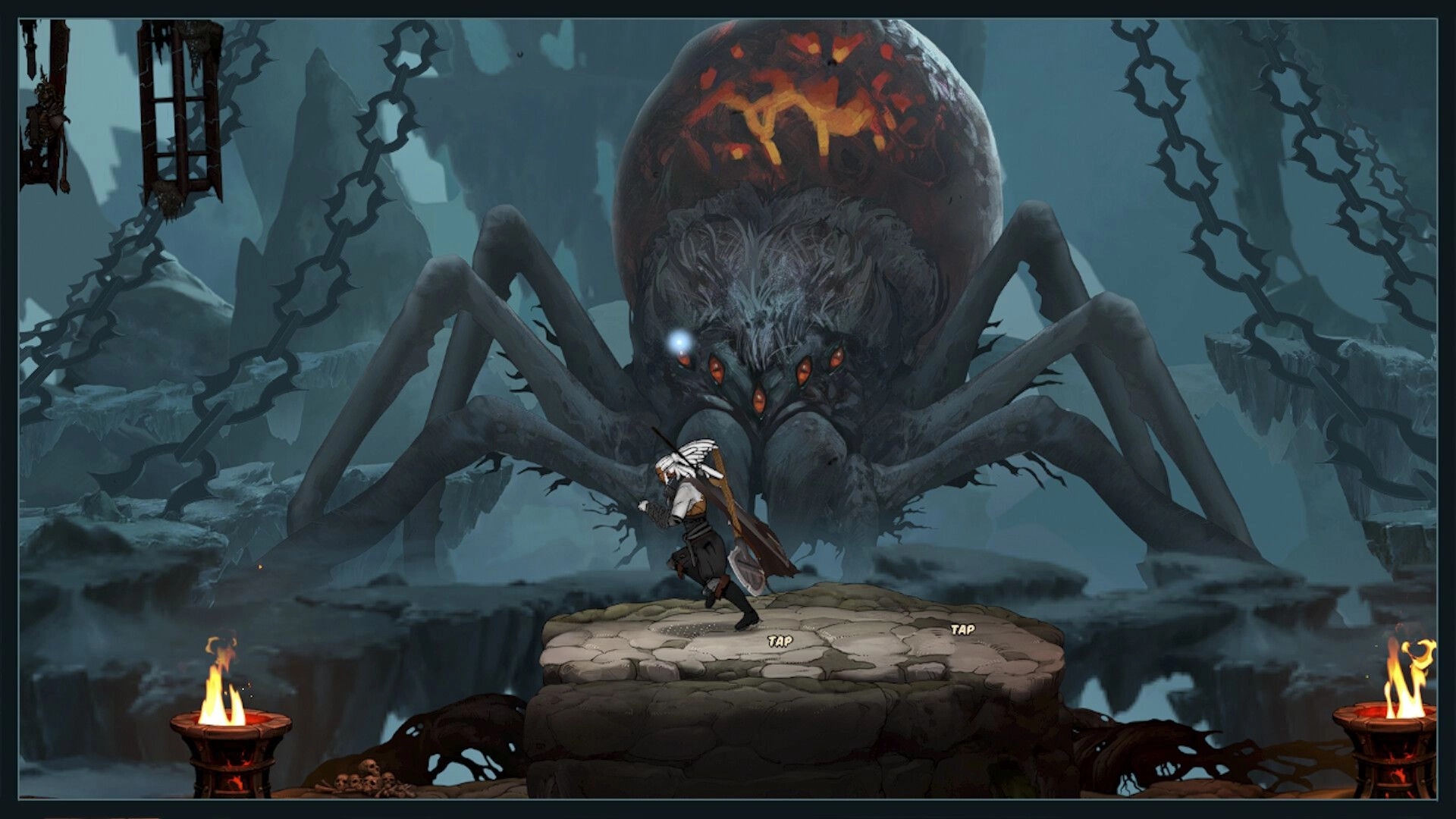 Comix Zero: Hero facing giant spider boss on a rocky platform with chains and fire in dark cavern.