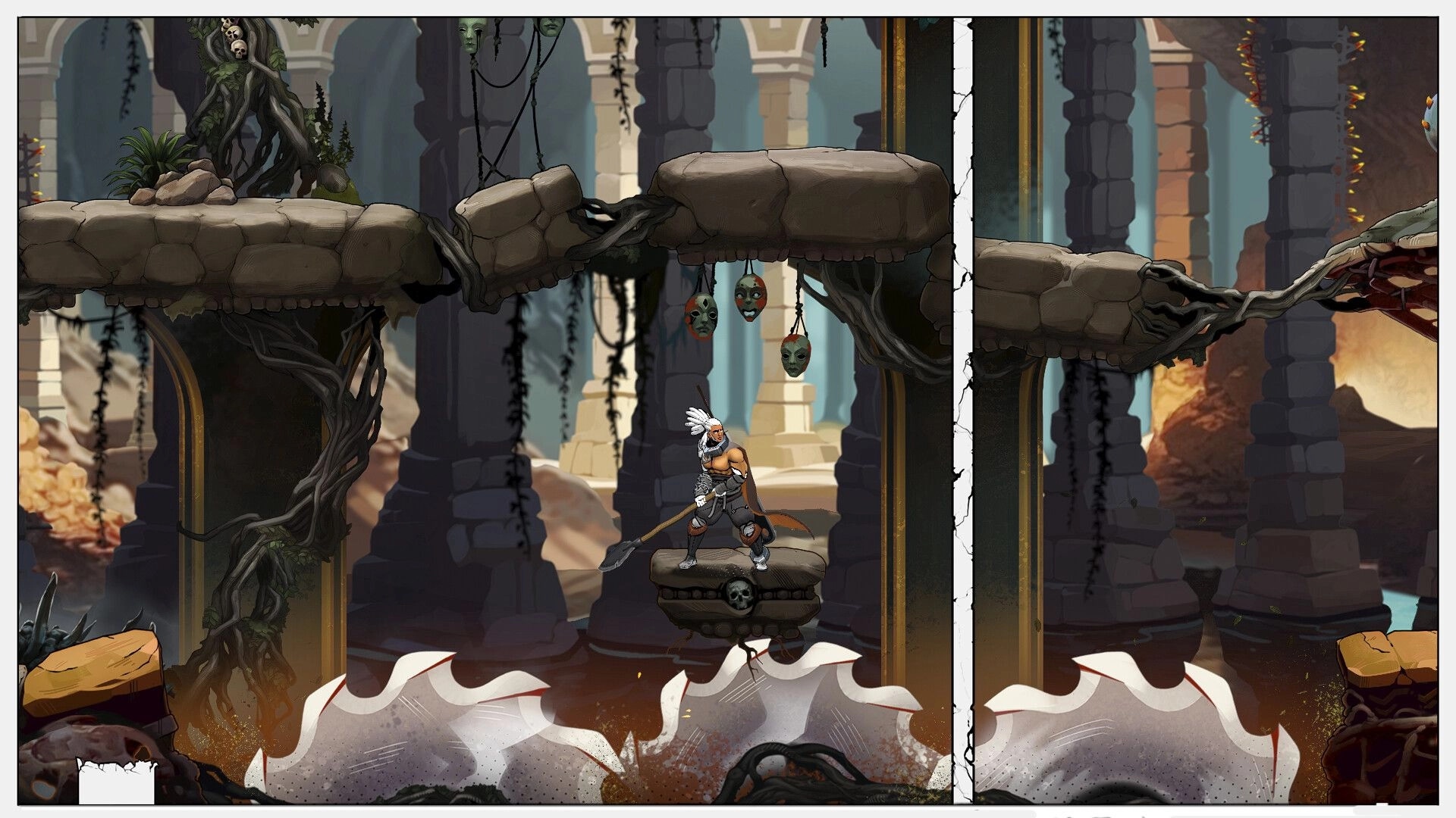 Comix Zero: Character with spear on platform above spinning blades in ancient temple environment