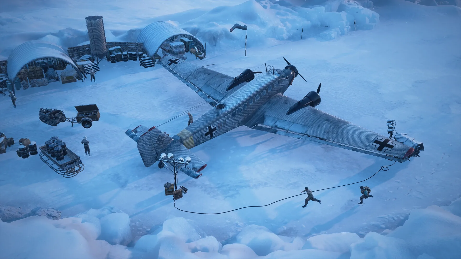 Commandos: Soldiers preparing at snowy airbase with a military plane and supply crates in cold wilderness