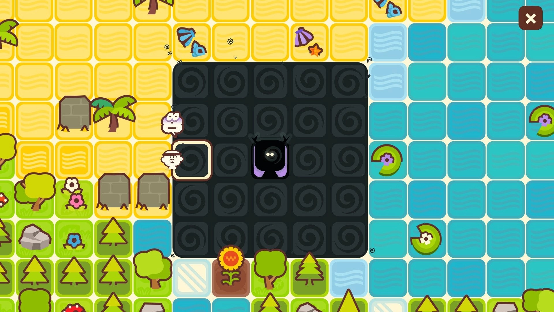 Communite: Cute creature near dark tiles surrounded by colorful grid with trees, water, and butterflies