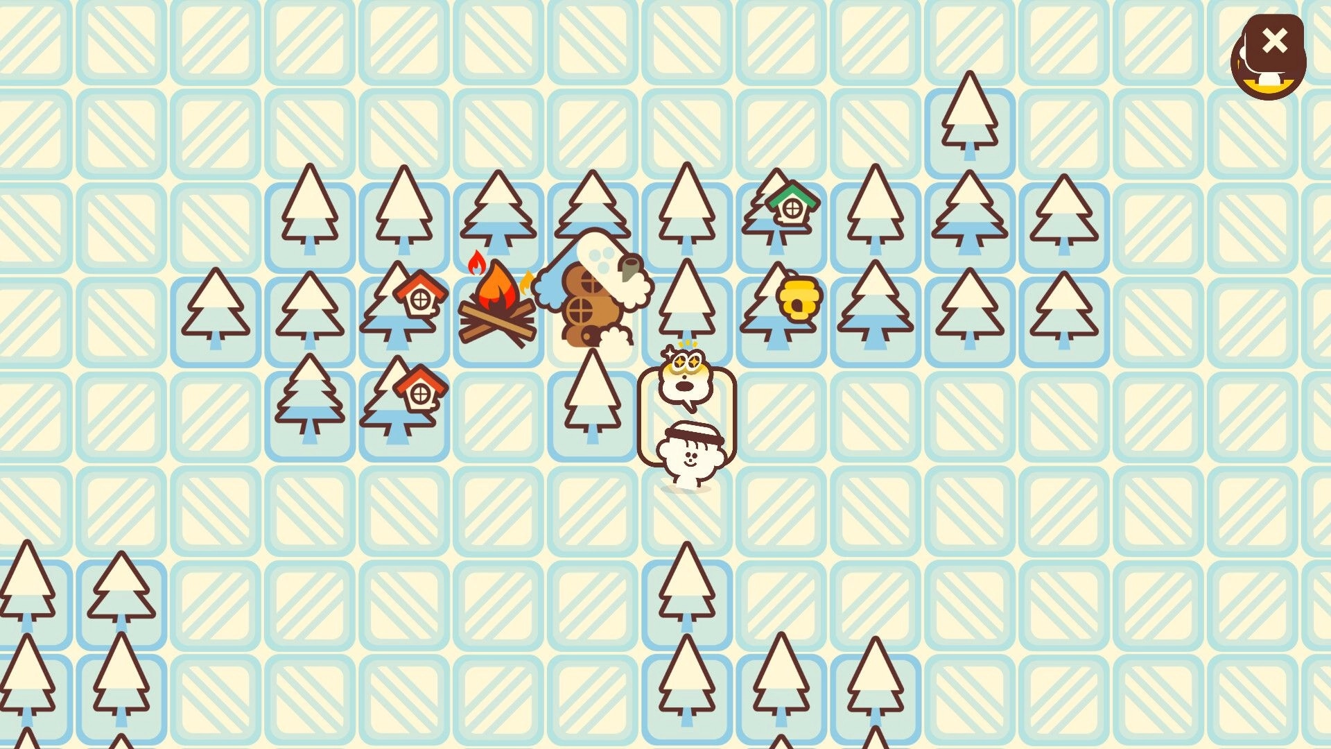 Communite: Characters gather around a campfire in a snowy forest with trees and grid tiles visible
