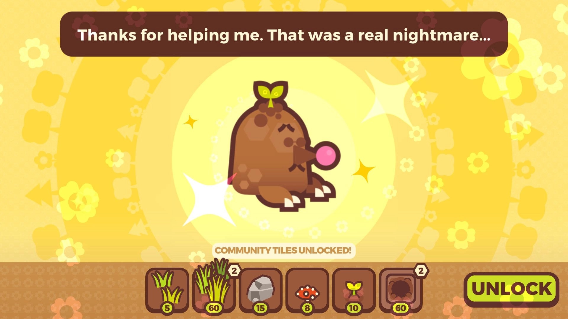 Communite: Happy creature rescued with dialogue box and community tiles unlocking in sunny background
