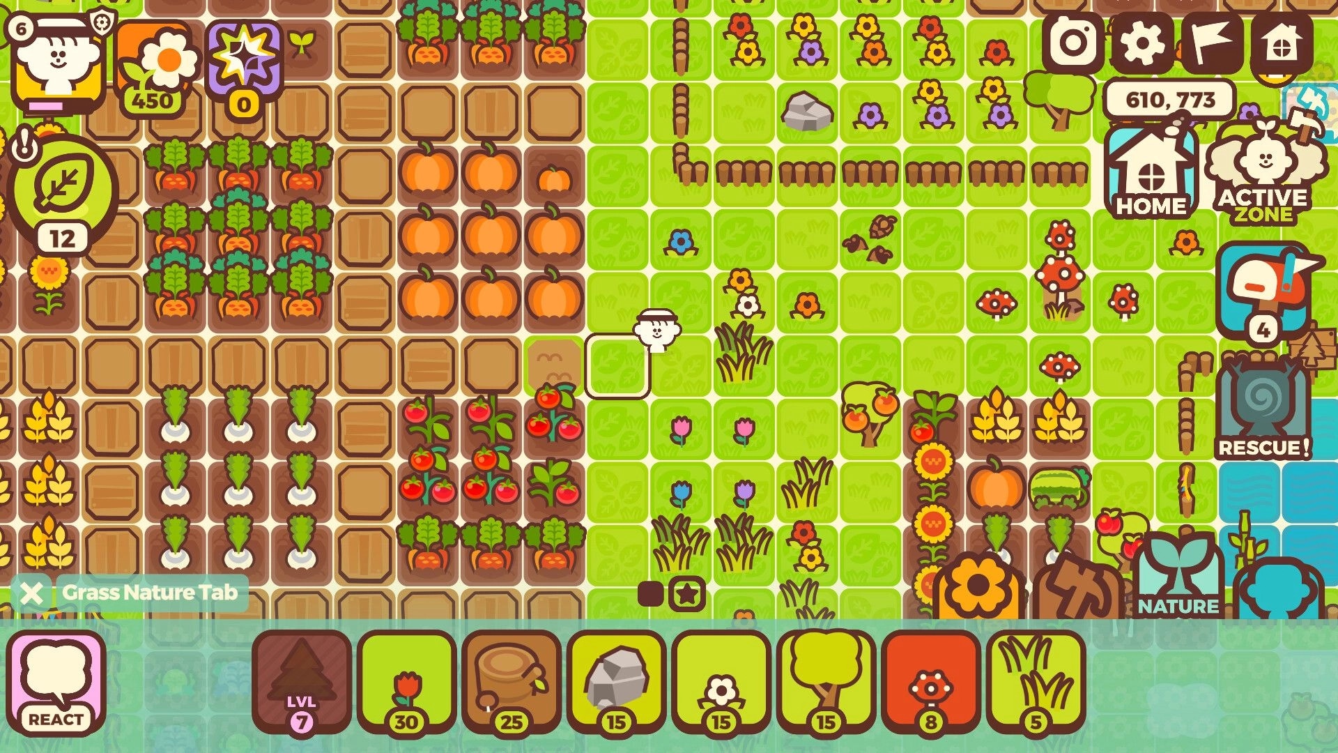 Communite: Farmer character in garden grid, managing crops and resources with rescue mission highlighted
