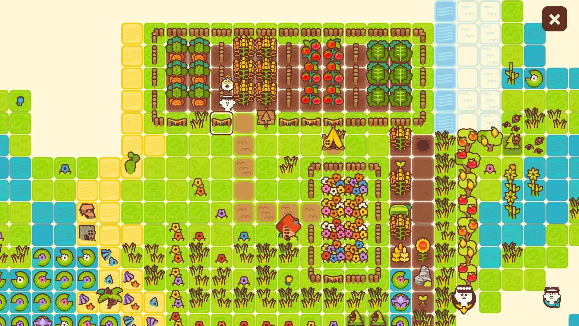 Communite: Overhead view of a vibrant farm grid with crops, trees, and characters engaged in activities.