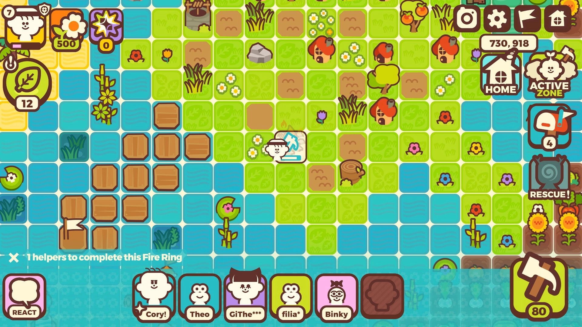 Communite: Cory building in a colorful grid-based village with UI showing resources and character icons