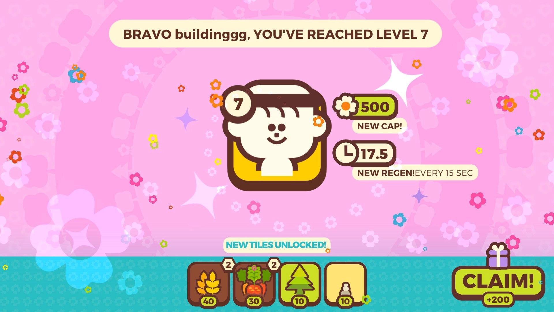 Communite: Level 7 achievement with new tiles unlocked and claim button on a pink floral background