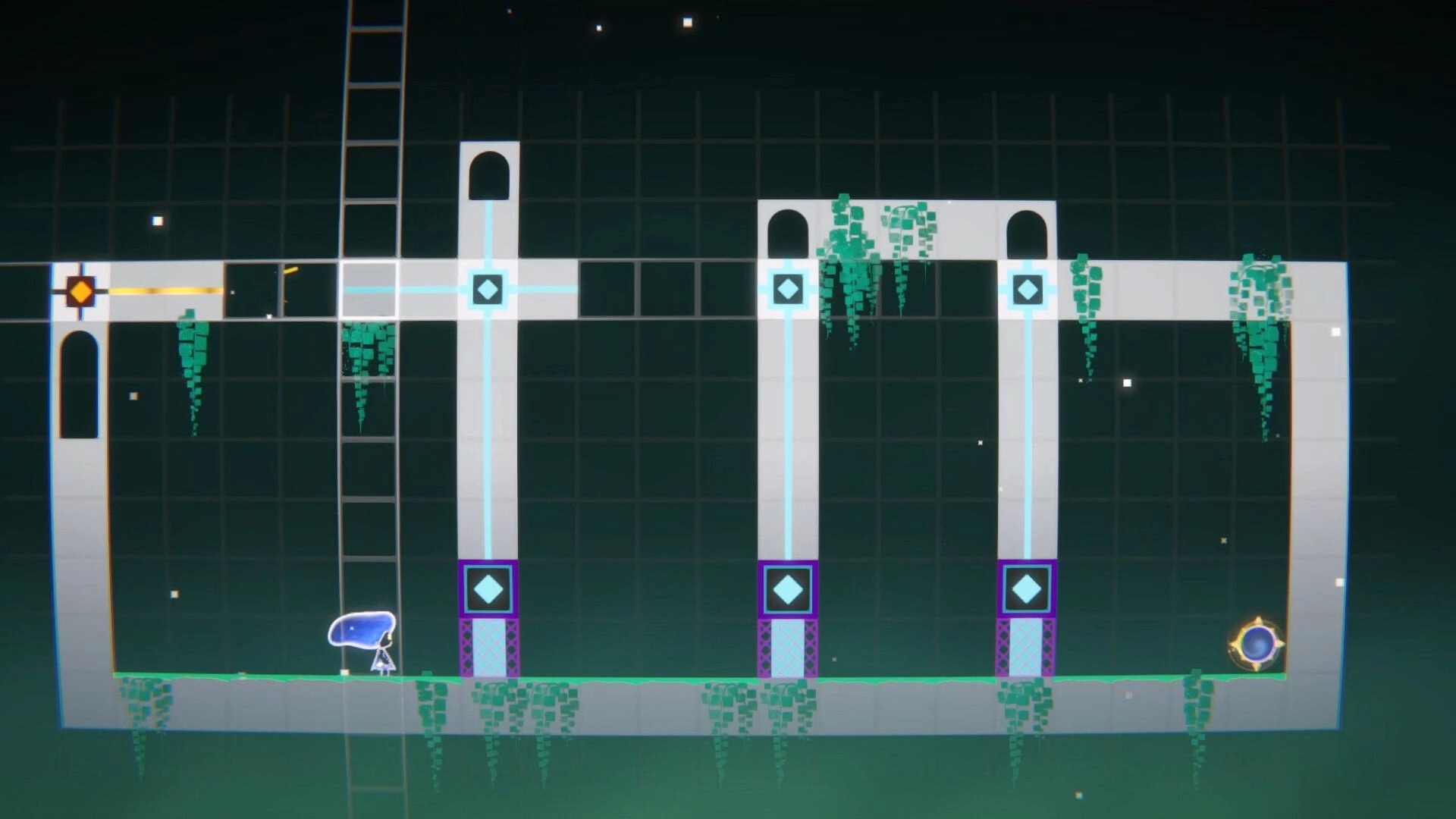 Compress(space): Blue character navigates grid-like puzzle with floating platforms and glowing symbols