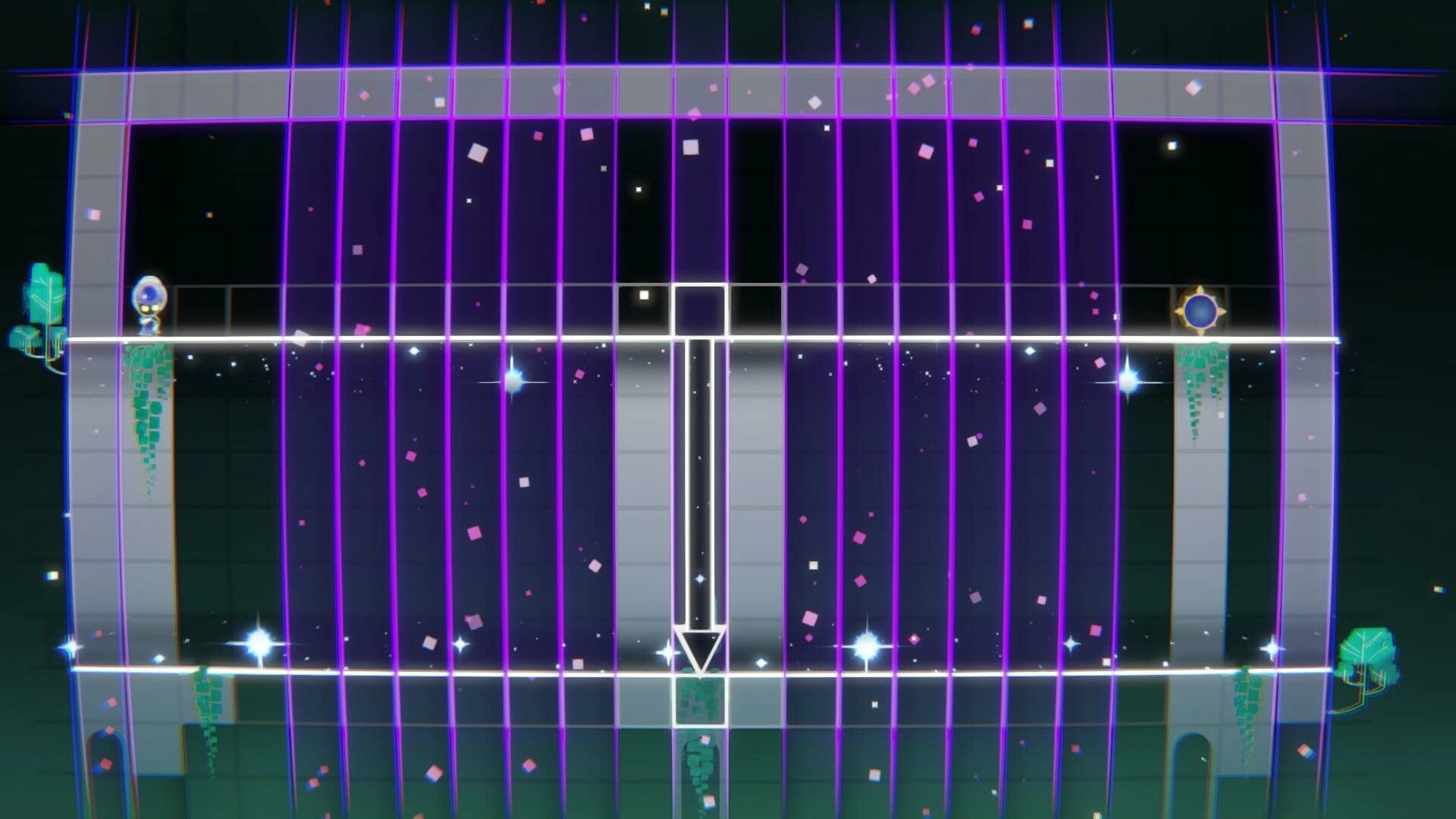 Compress(space): Player navigates a grid-based puzzle with neon purple lines and floating particles