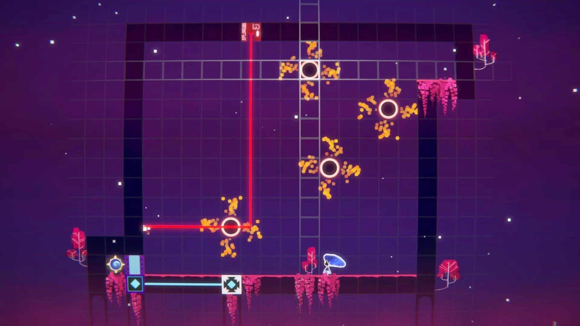 Compress(space): Player navigates grid with red laser paths and rotating obstacles in cosmic puzzle environment