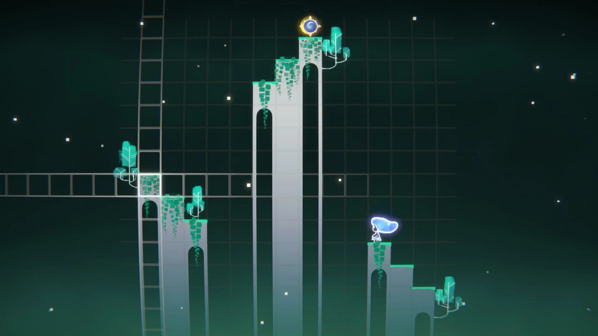Compress(space): Character with glowing aura on geometric platforms against a starry, grid-like backdrop.