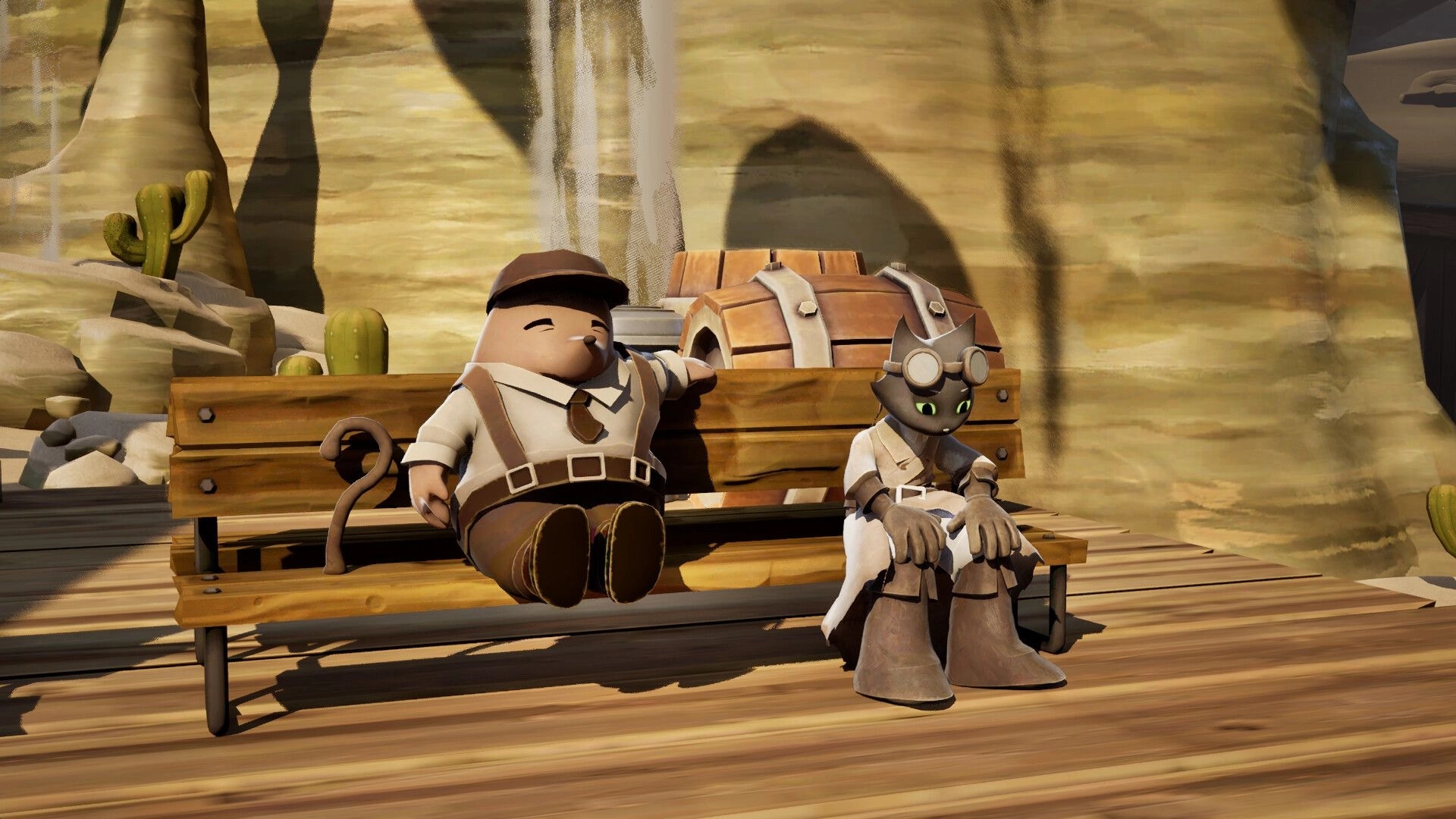 Conductor Cat: Two characters sit on a wooden bench by crates in a sandy canyon with cacti.