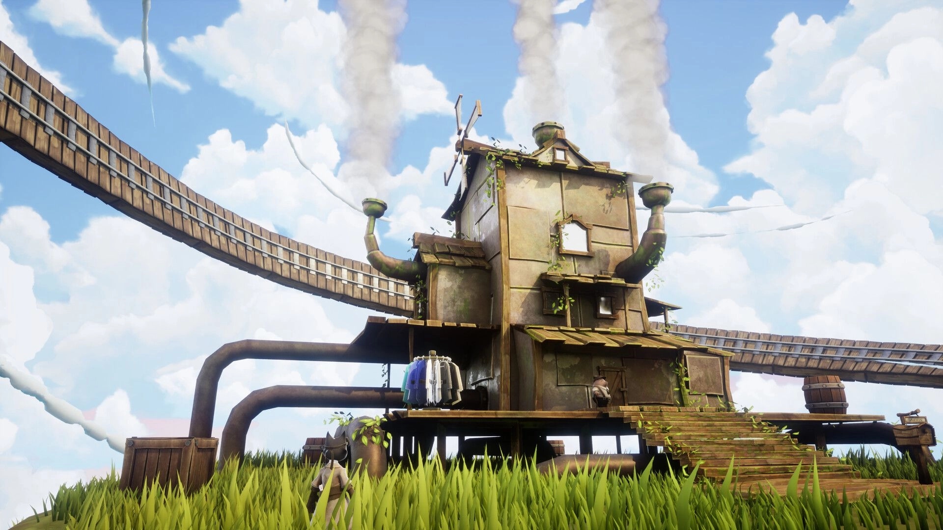 Conductor Cat: Cat explorer faces a vine-covered scrap building with pipes and elevated tracks overhead.