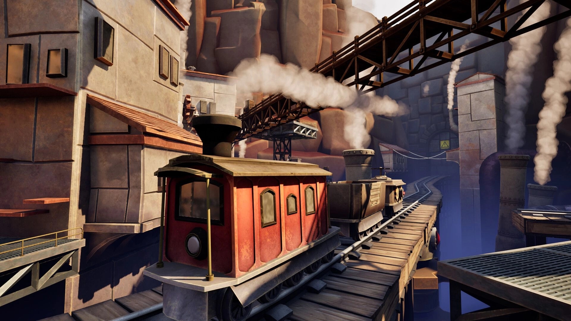 Conductor Cat: Steam train cars roll on canyon trestle past factory pipes and catwalks, smoke rising.