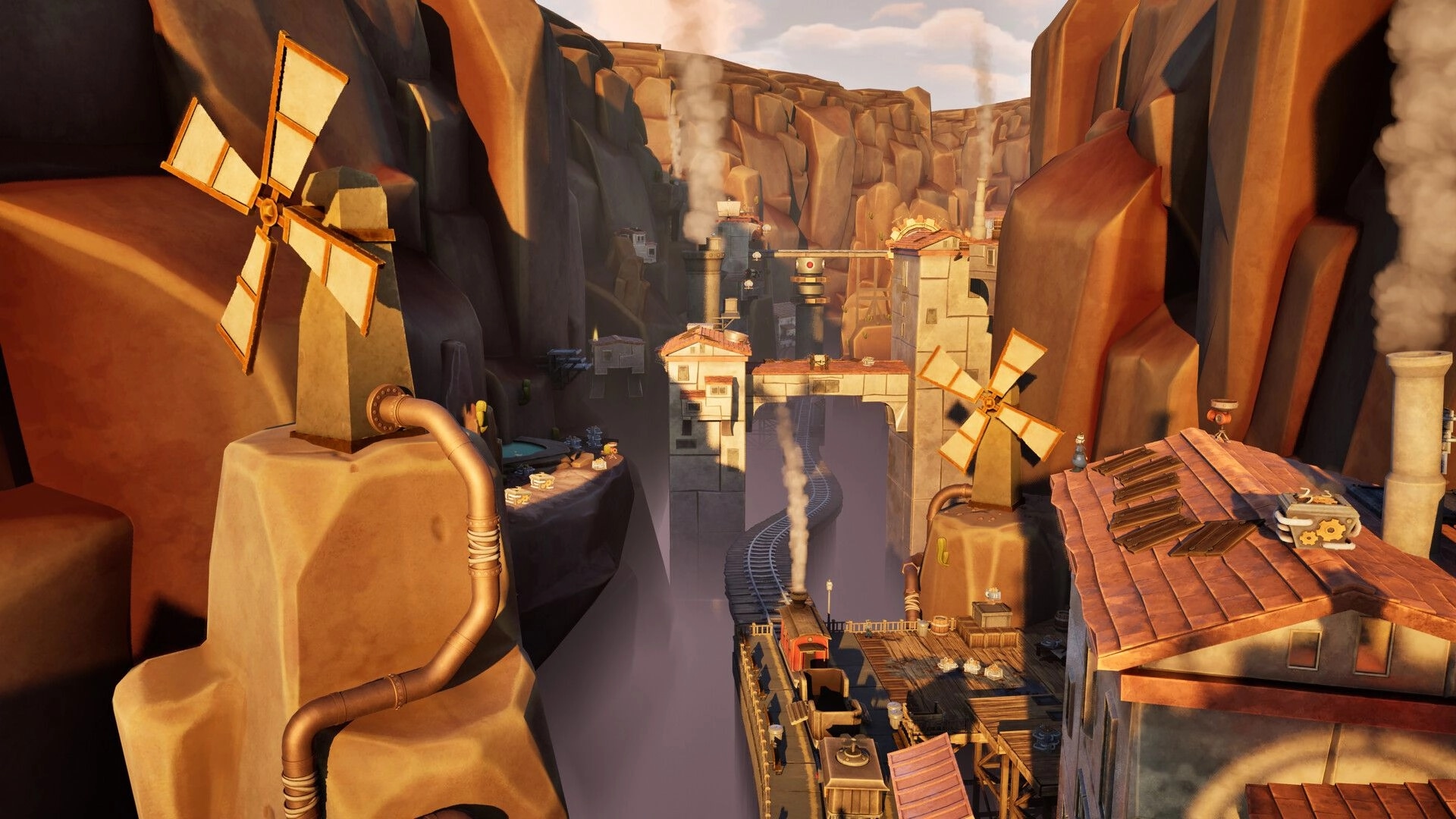 Conductor Cat: Train track winding through canyon factories with smokestacks, windmills, and rooftops.