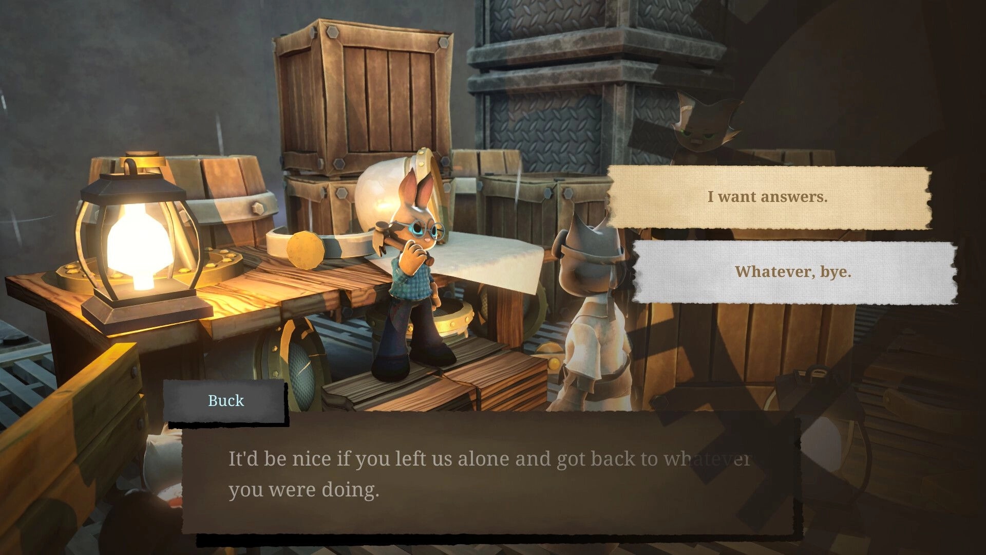 Conductor Cat: Dialogue choice with Buck beside crates and lantern on a cluttered wooden platform.