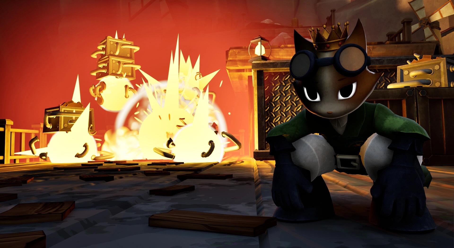 Conductor Cat: Goggled cat in crown crouches on metal platform as bright explosions erupt behind him.