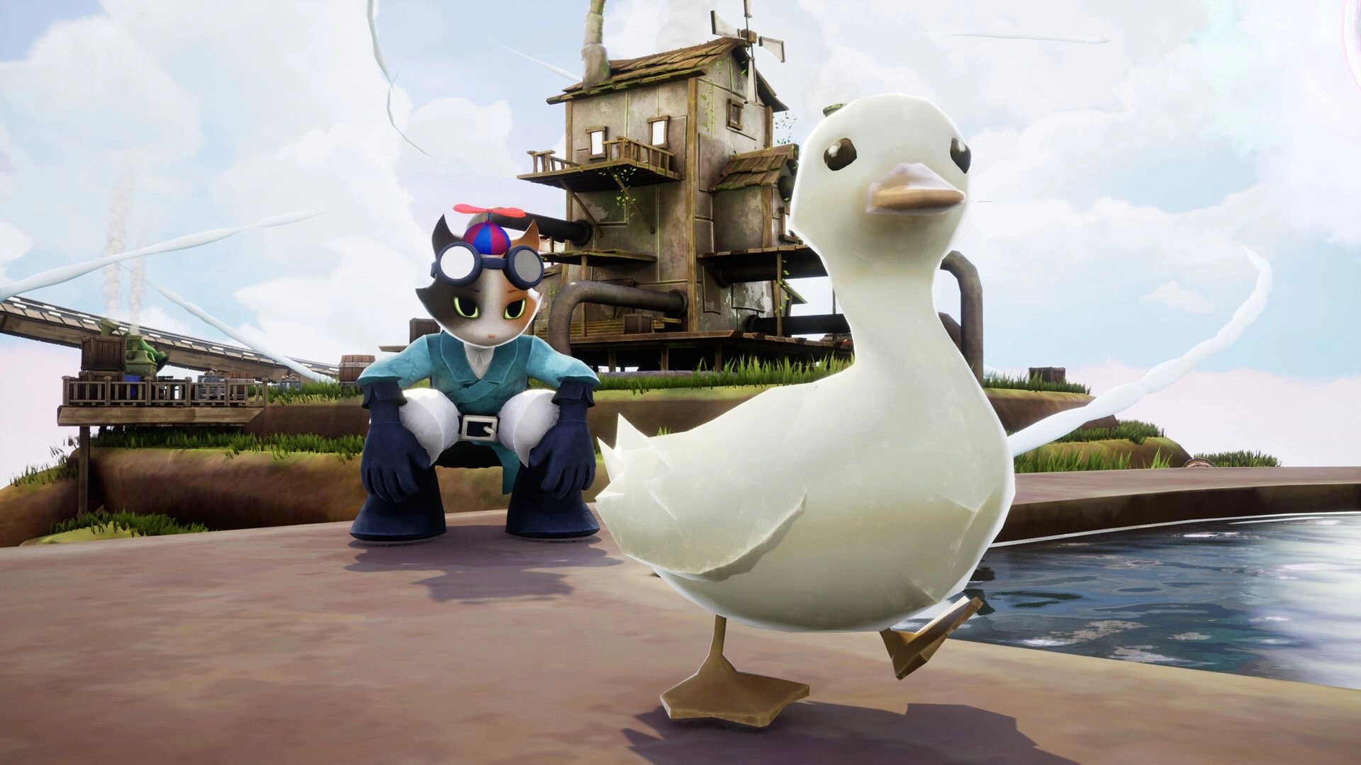 Conductor Cat: Griffin crouches by a pond beside a big duck, with a ramshackle house behind.