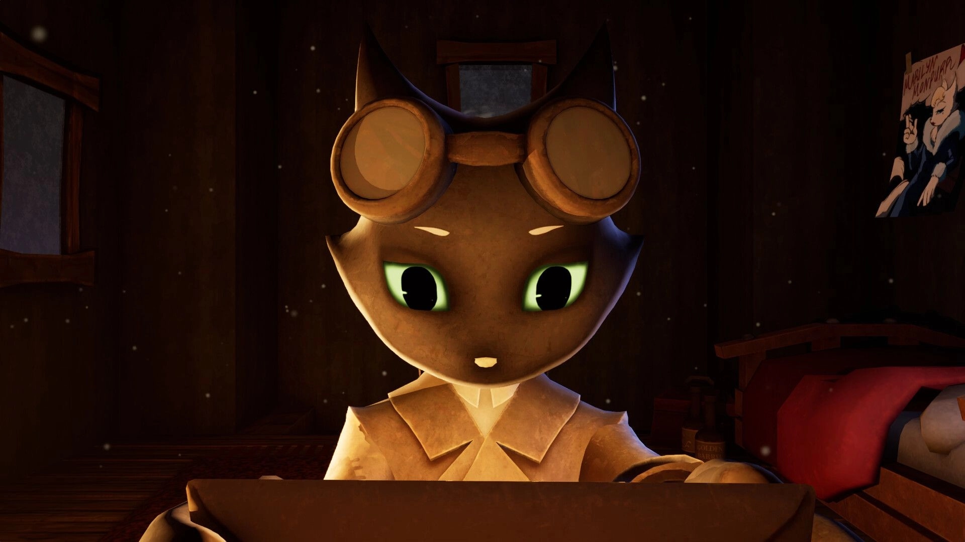 Conductor Cat: Close-up of Griffin at a desk in a dim train cabin, goggles on and bunk behind.