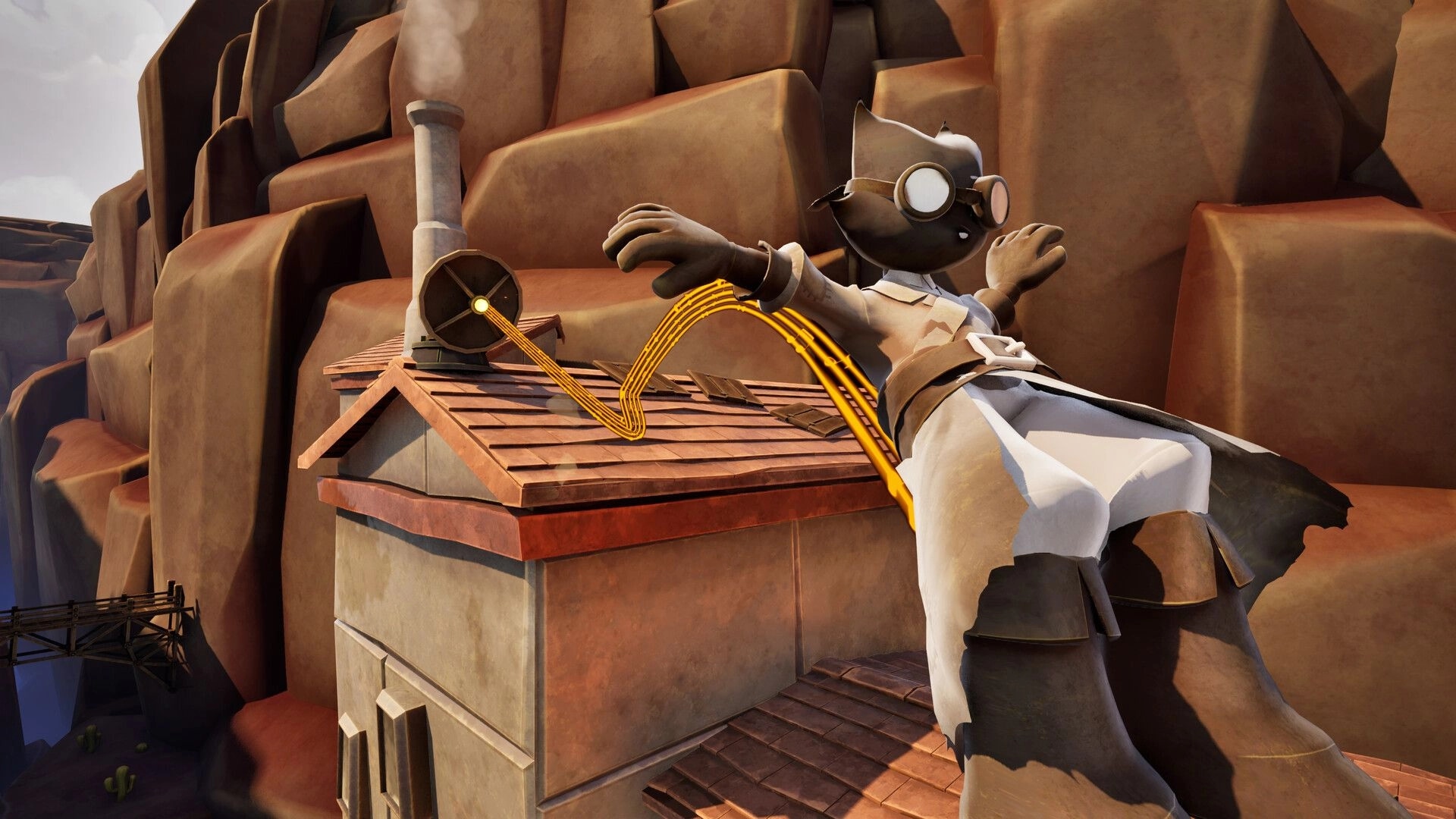 Conductor Cat: Cat in goggles clings to rooftop beside antenna, orange cable arcing in rocky canyon.