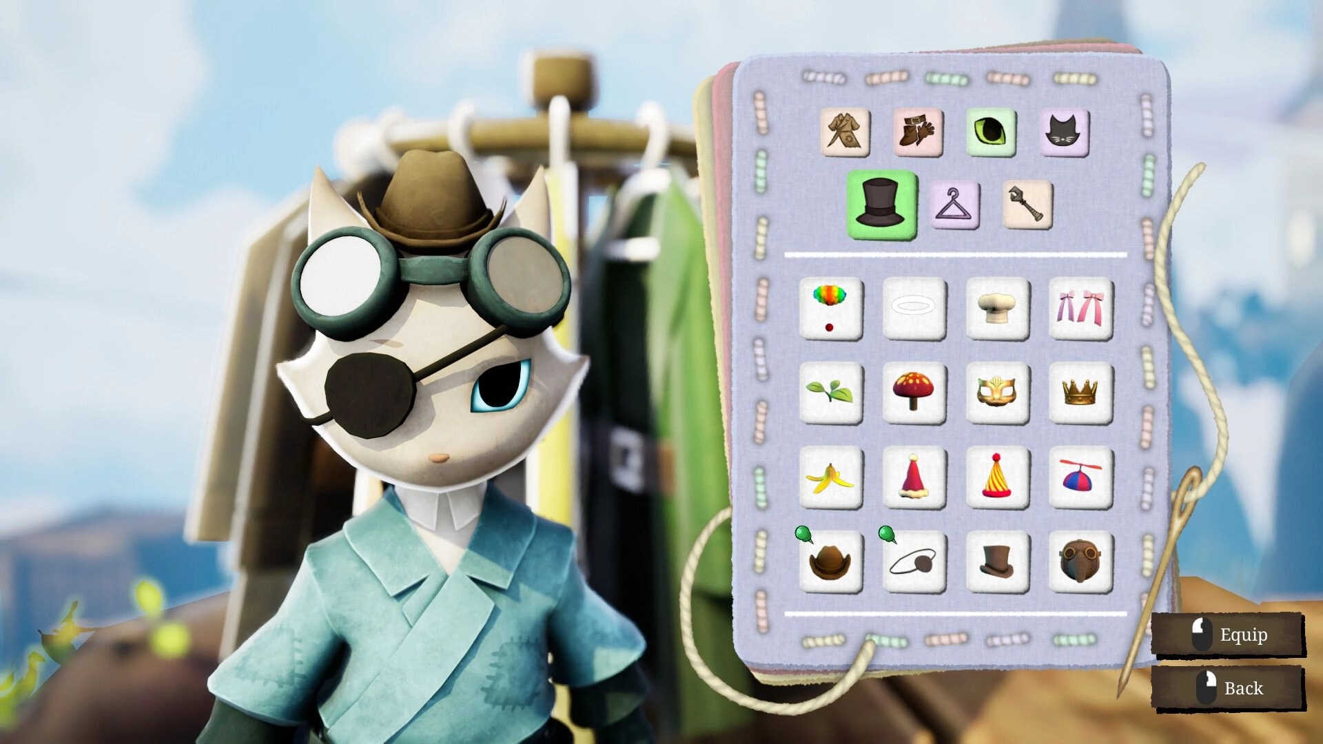 Conductor Cat: Griffin in outfit menu wearing hat, goggles and eyepatch beside accessory grid UI.