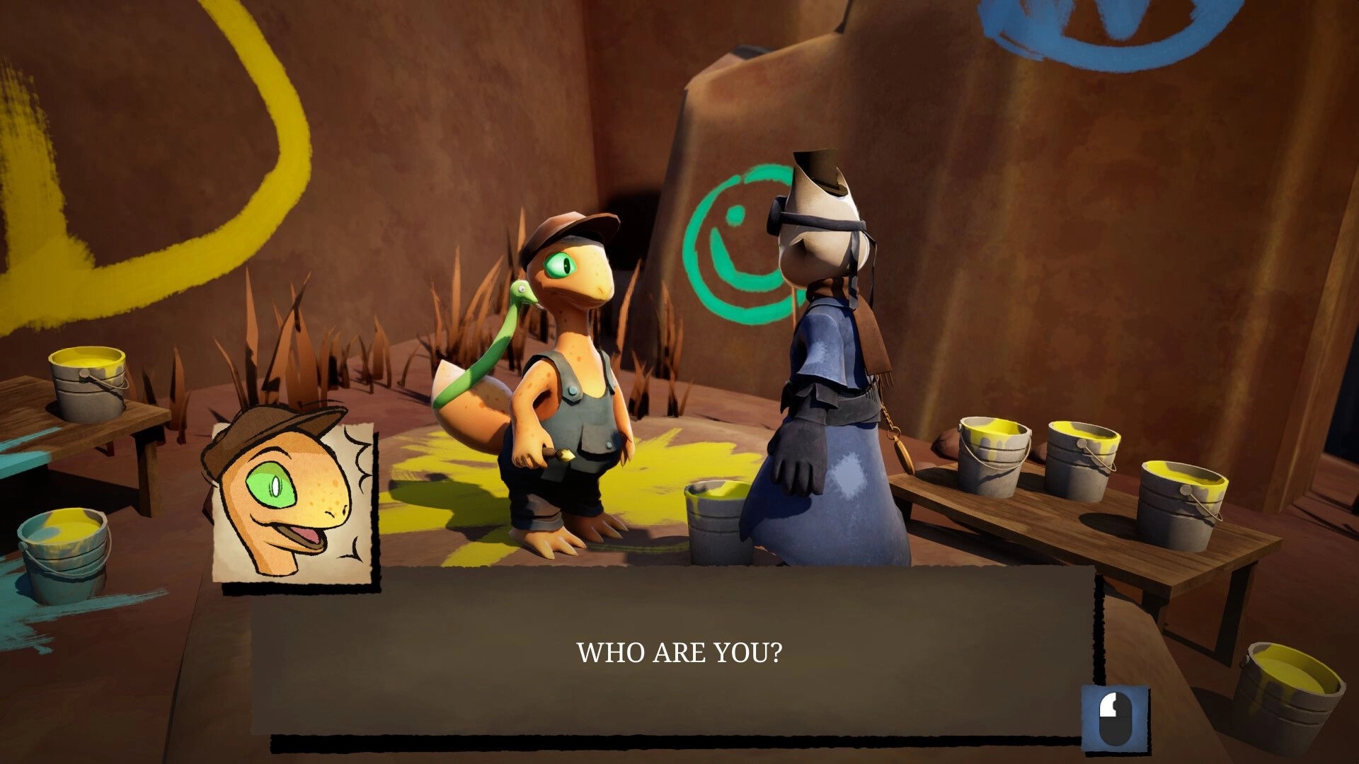 Conductor Cat: Dialogue scene with two characters by paint buckets in a graffiti-marked canyon nook.