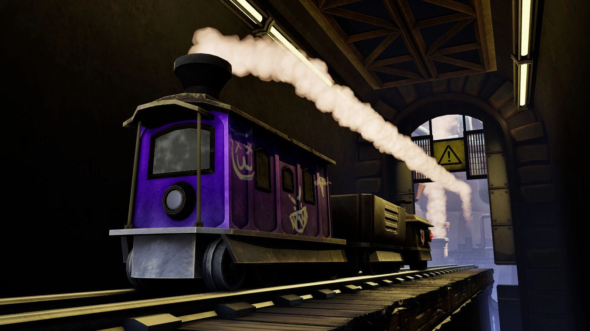Conductor Cat: Purple train engine chugging smoke through a tunnel, warning sign by the exit gate.