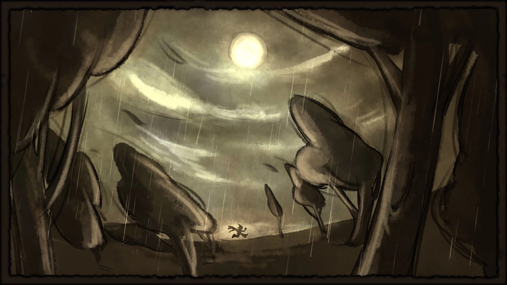Conductor Cat: Storybook cutscene of a lone cat running through rain under a bright moonlit sky.