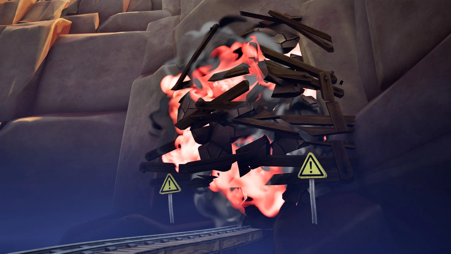 Conductor Cat: Fiery rockslide blocks the railway tunnel in a canyon, with two warning signs ahead.