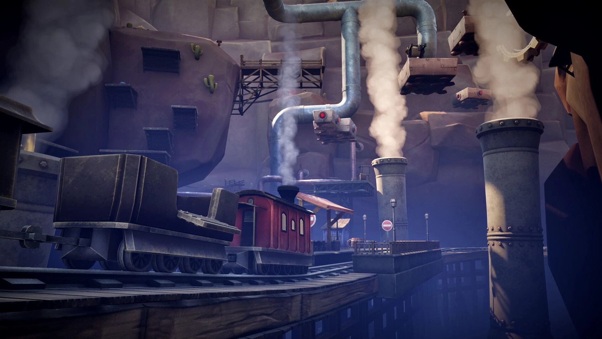 Conductor Cat: Train cars on elevated tracks beneath smoking pipes and cranes in rocky canyon worksite.