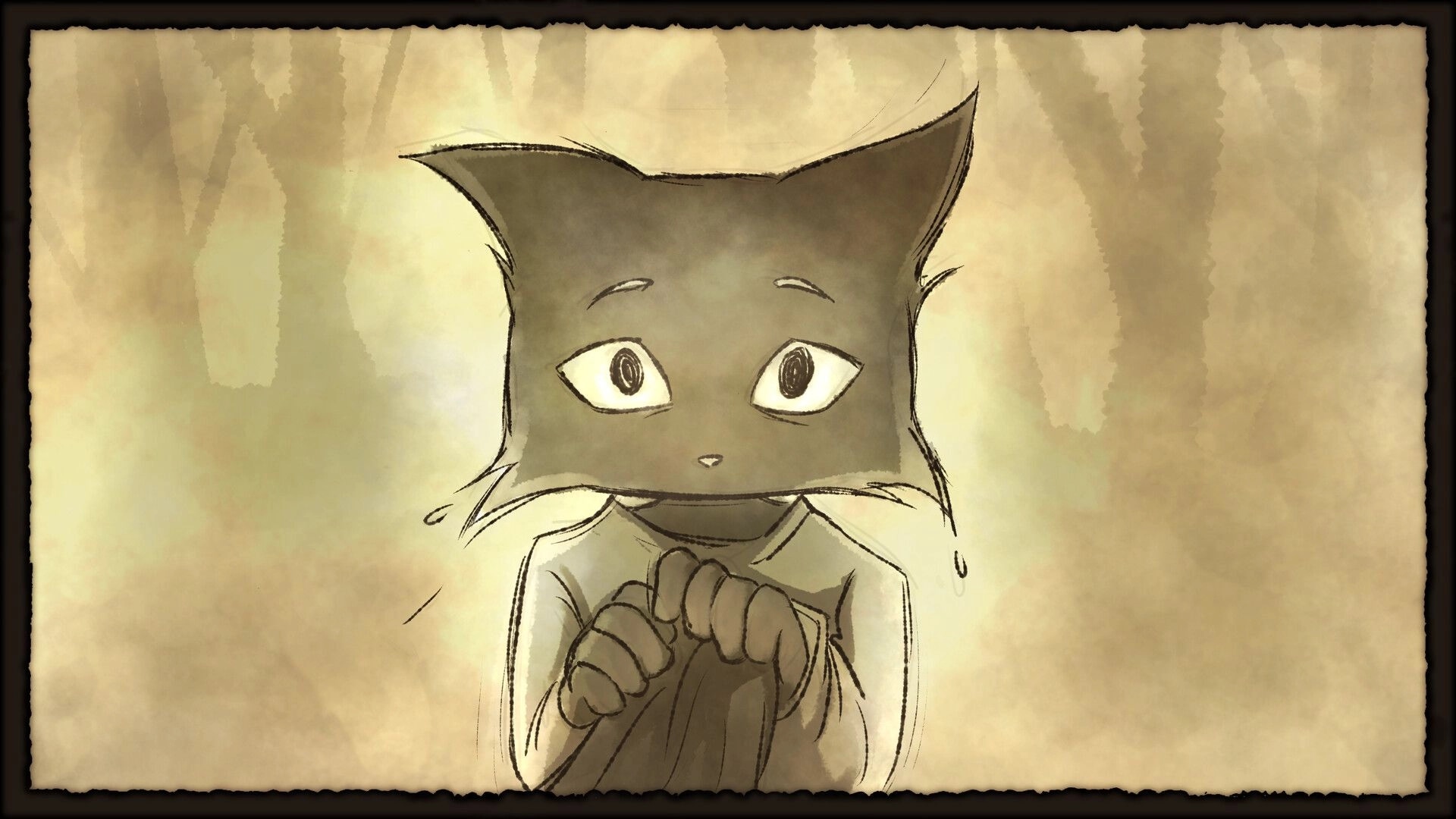 Conductor Cat: Tearful close-up of Griffin clutching fabric, sepia story panel with vignette border.
