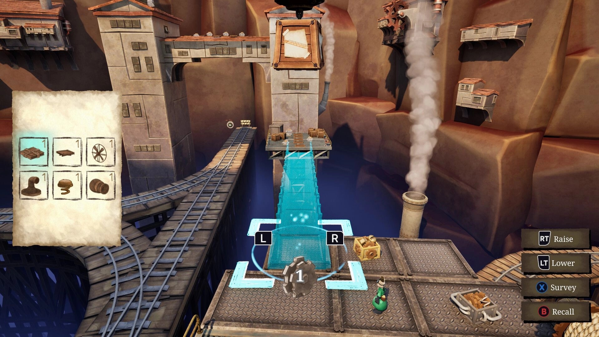 Conductor Cat: Surveying a glowing blue lift bridge over canyon rails, with build UI and controls.