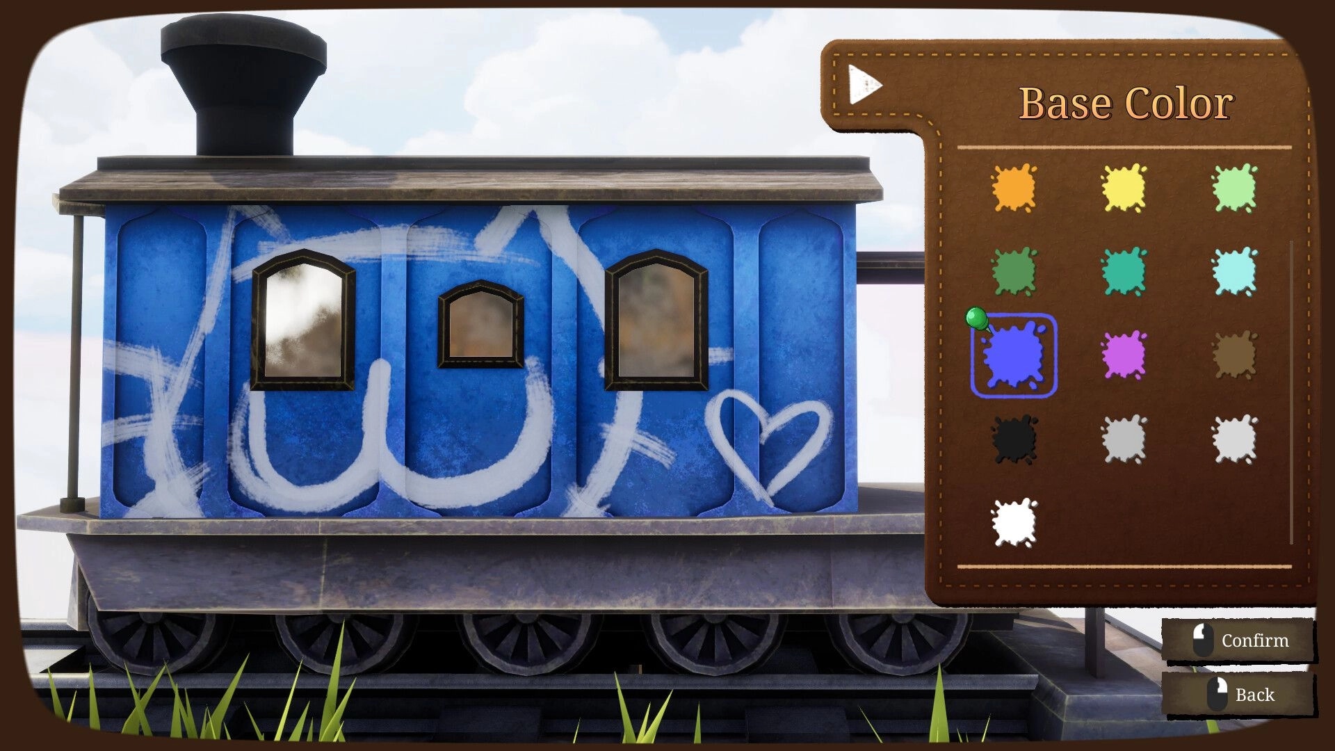 Conductor Cat: Train car paint customization menu with Base Color swatches beside a blue carriage outdoors.