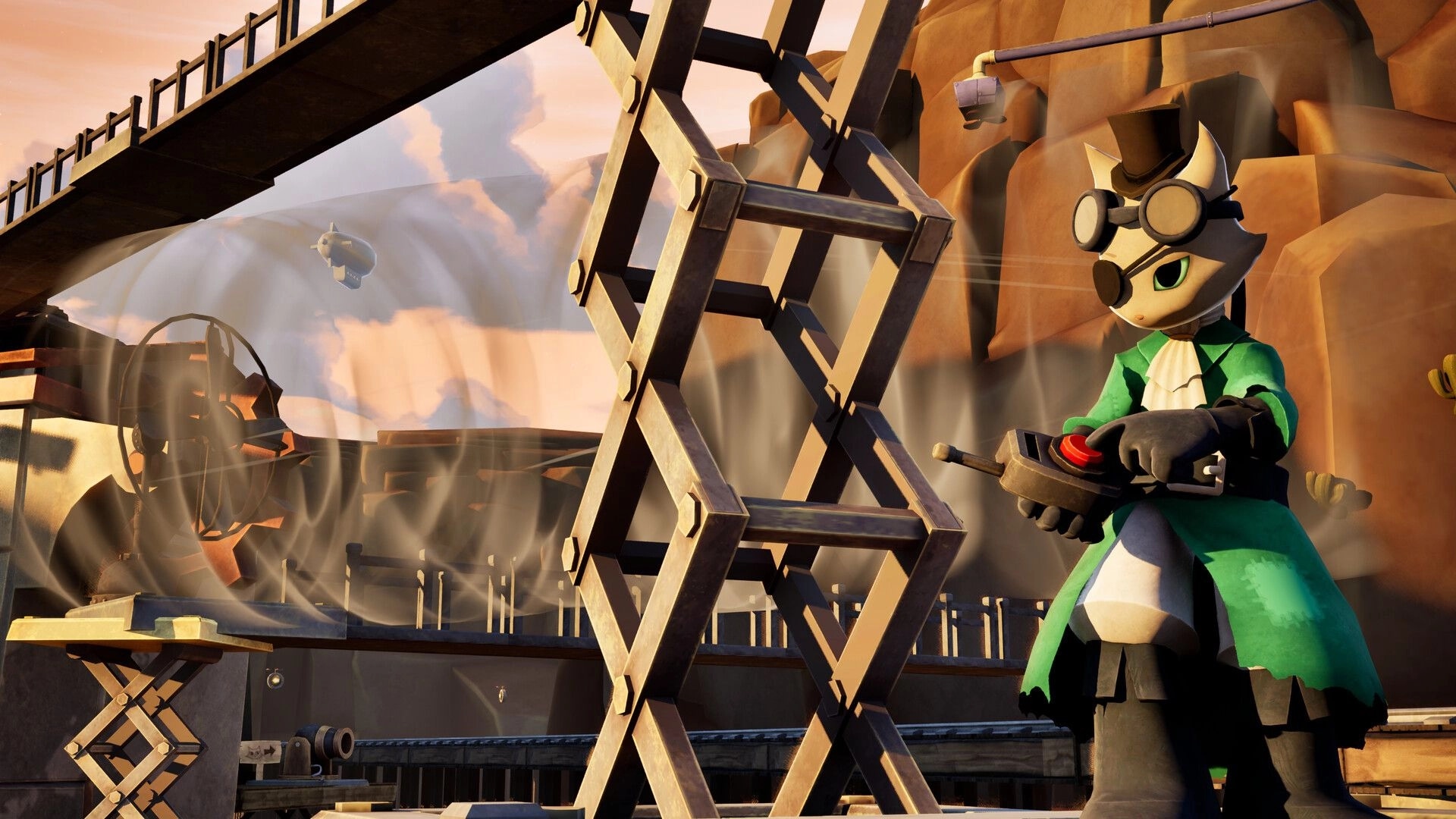 Conductor Cat: Cat engineer holds a remote detonator by scaffolding in a rocky canyon rail site.