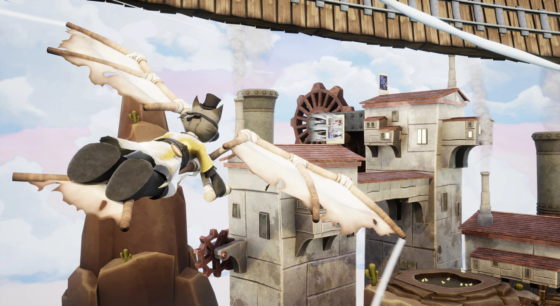 Conductor Cat: Griffin glides with fabric wings past cliffside factory towers, pipes, and gears in sky.