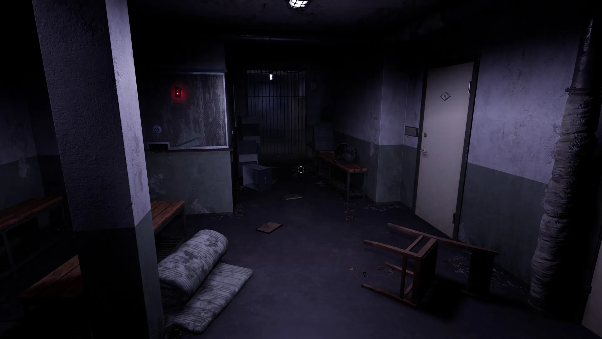 CONFINED: Dimly lit corridor with overturned chair and scattered papers in abandoned soviet bunker