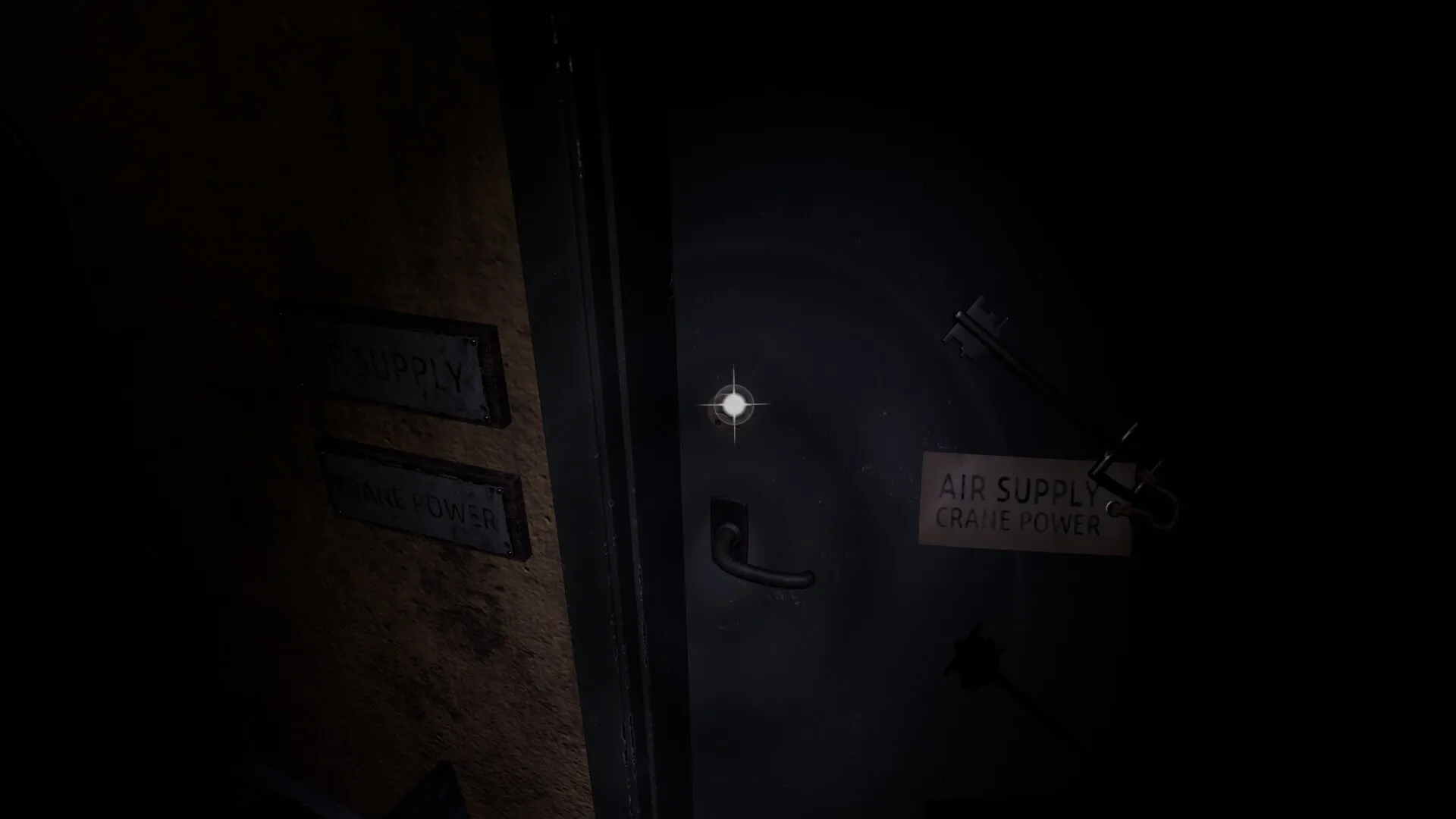 CONFINED: Door with glowing handle in dark bunker hallway, signs for air supply and crane power nearby.