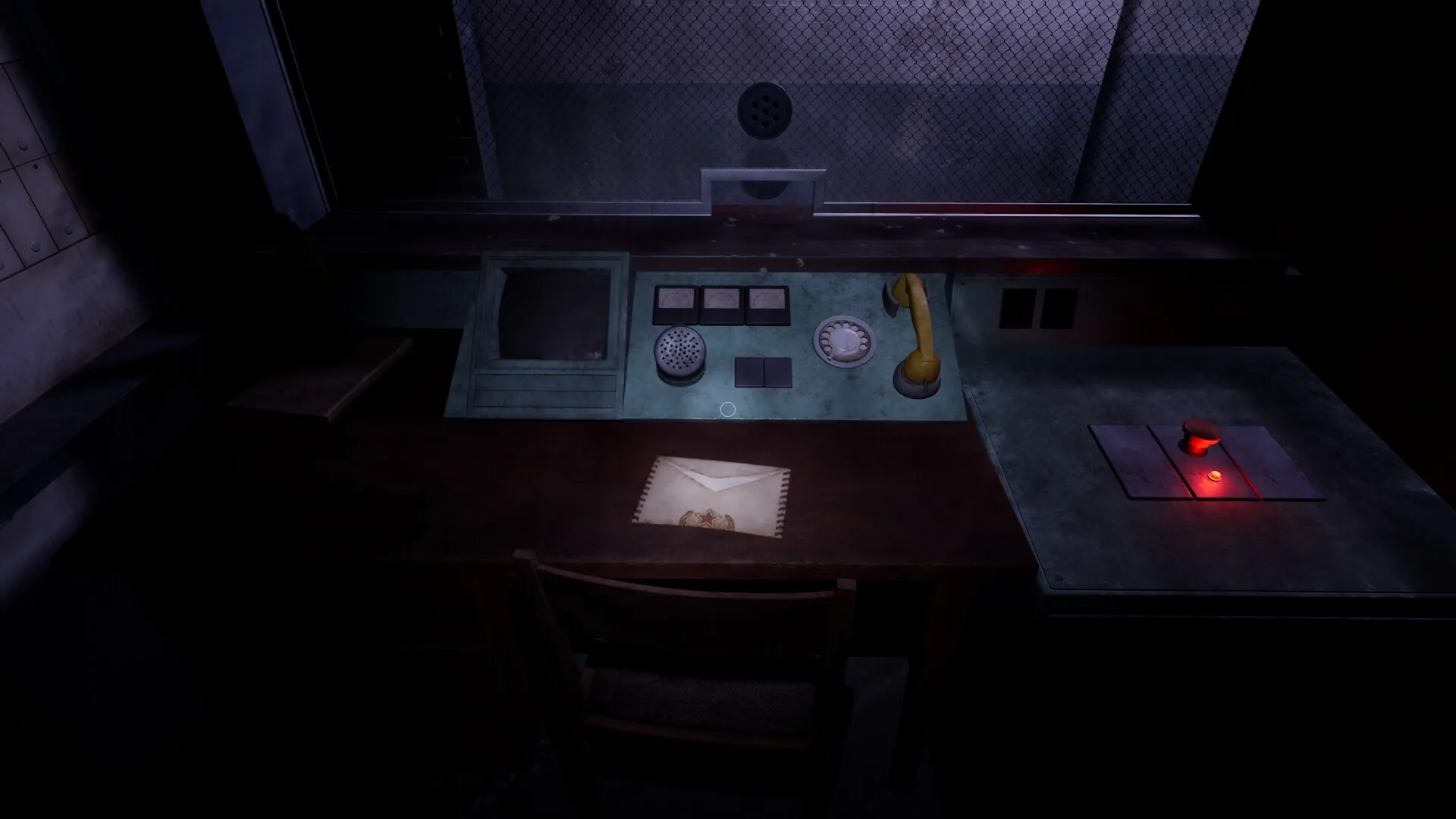 CONFINED: Control room desk with letter, old phone, and glowing red button in dimly lit soviet bunker.