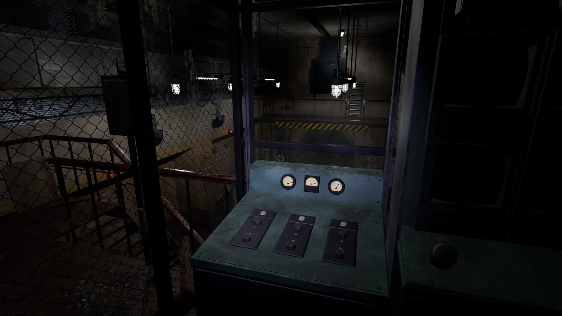 CONFINED: Control panel with gauges and switches inside dimly lit industrial bunker setting