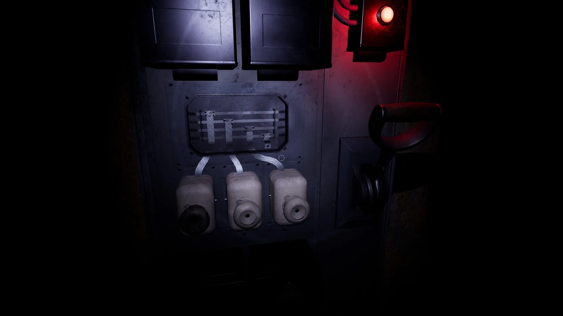 CONFINED: Control panel with switches and red indicator light in dimly lit abandoned bunker corridor