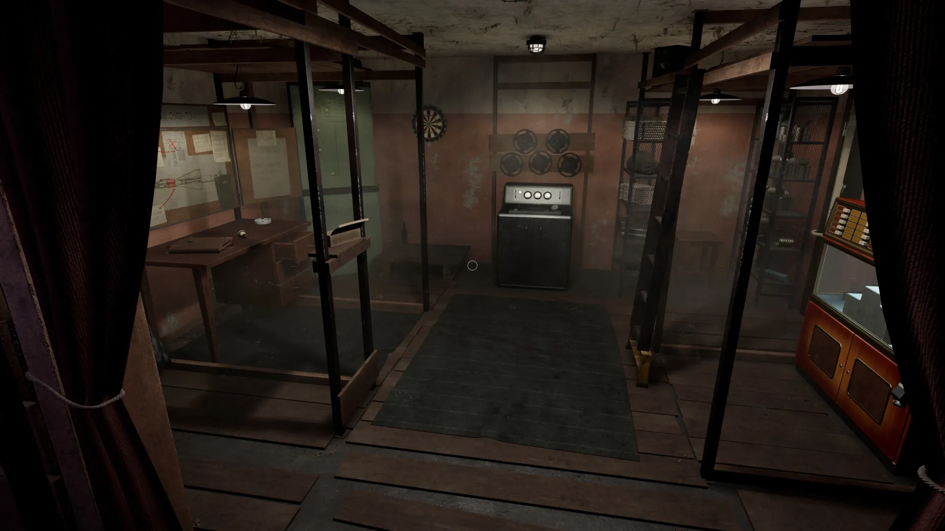CONFINED: Abandoned bunker room with control panel, wooden desk, and dartboard on worn walls