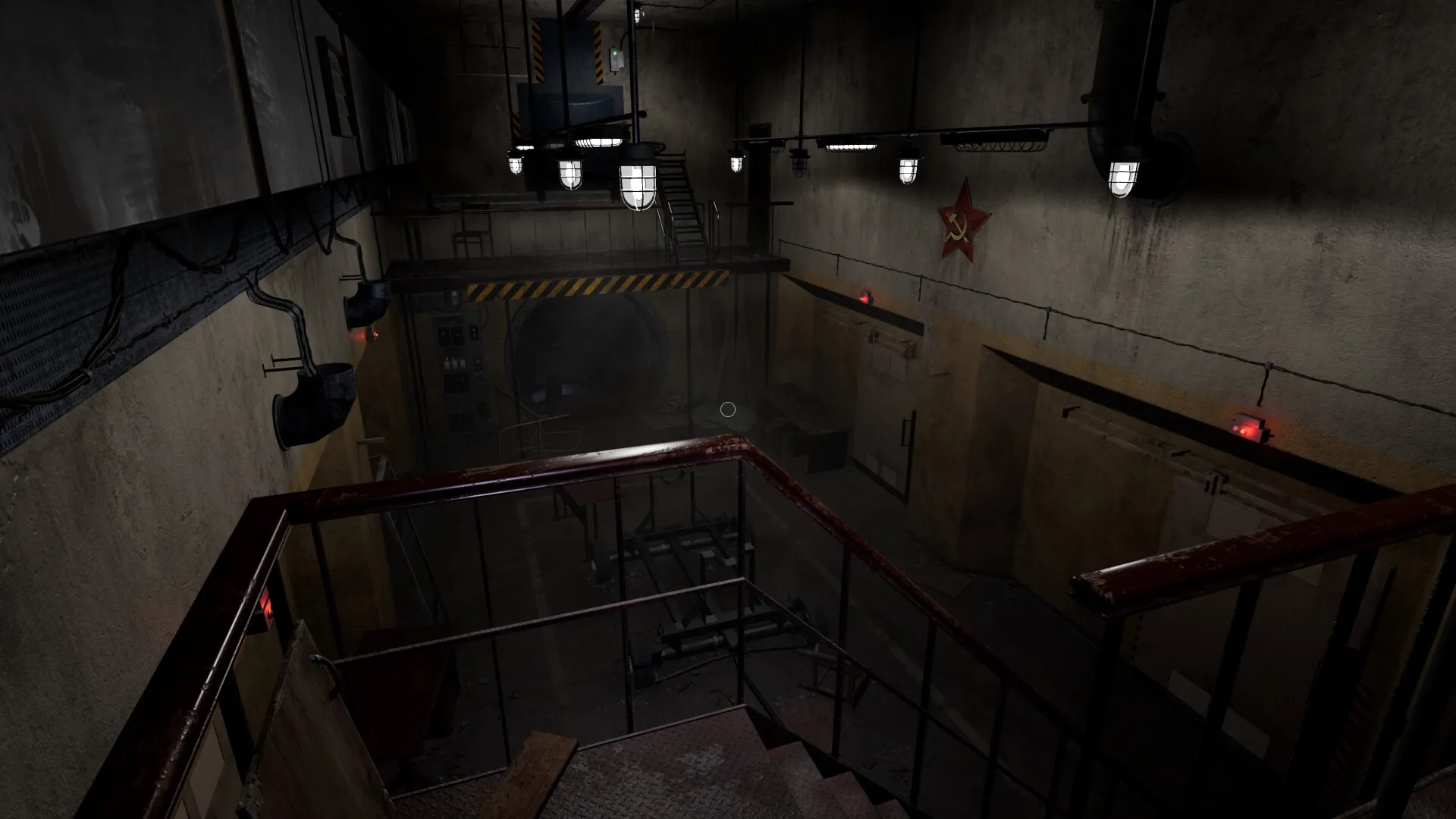CONFINED: Dimly lit staircase and machinery in an abandoned soviet bunker interior with red star symbol