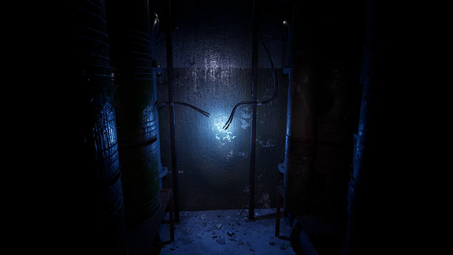 CONFINED: Flickering blue light illuminating exposed wires in a dark, abandoned soviet bunker corridor.